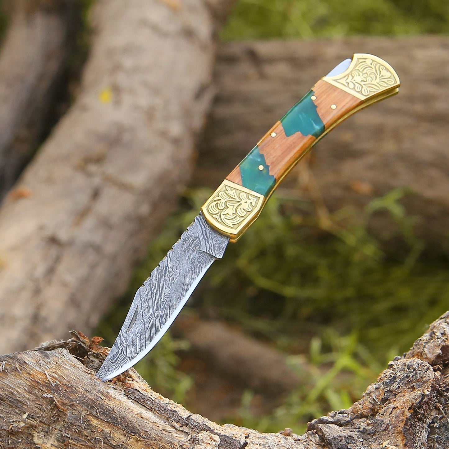 Flashblade Handmade Damascus Best EDC Pocket Knife with Leather Sheath & Olive Wood Handle