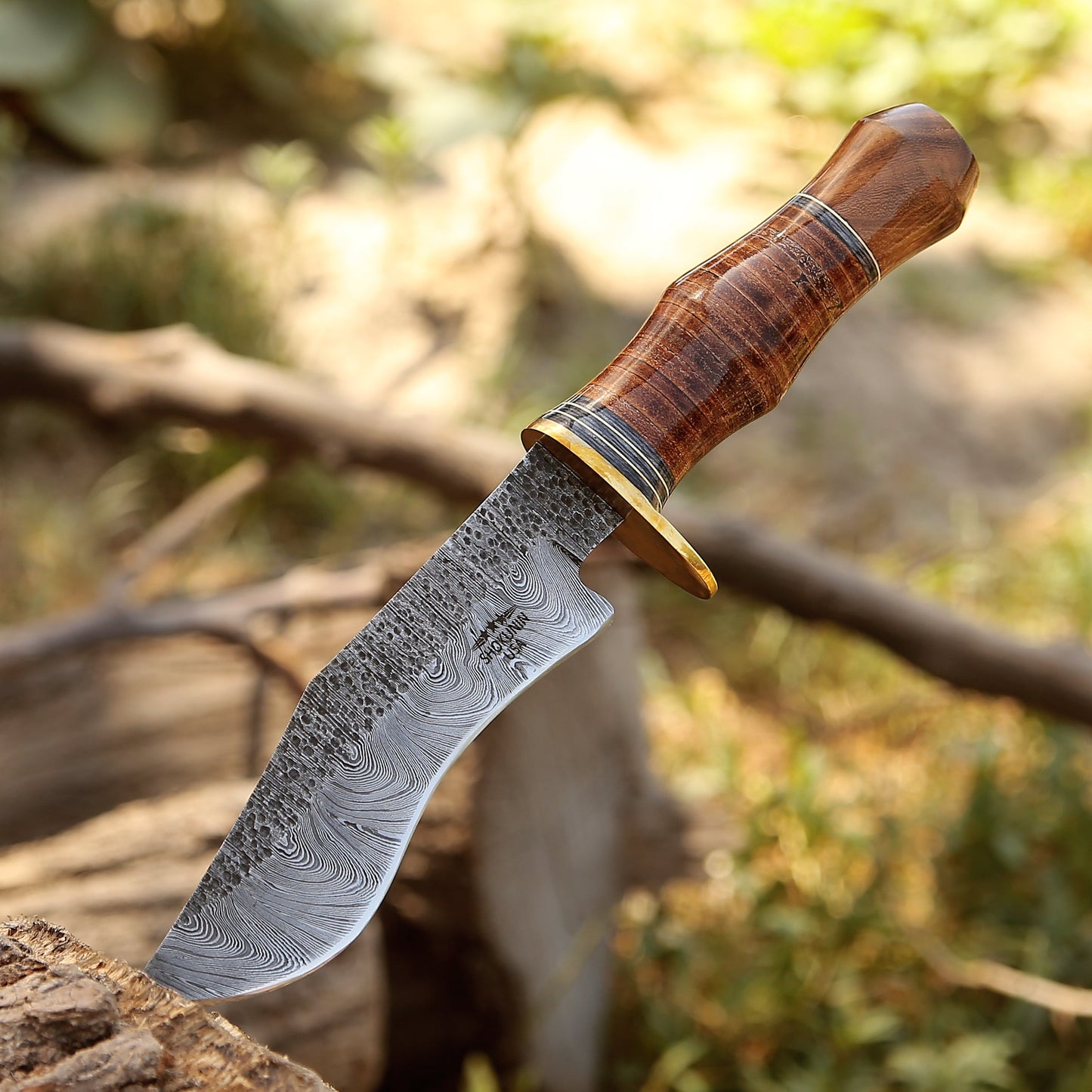 Hawk 11.5" Damascus Hunting Bowie Knife with Stacked Leather Handle