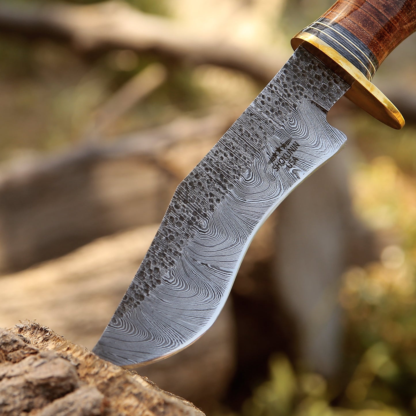 Hawk 11.5" Damascus Hunting Bowie Knife with Stacked Leather Handle