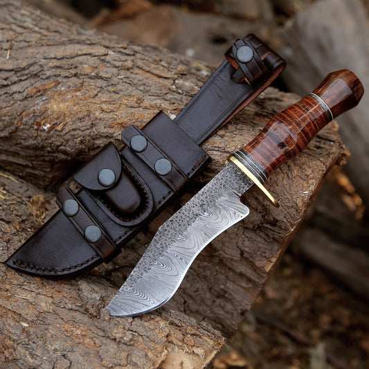 Hawk 11.5" Damascus Hunting Bowie Knife with Stacked Leather Handle