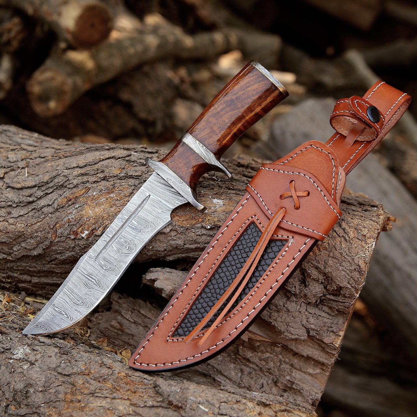 Raider Damascus Steel Bowie Knife with Exotic Rose Wood Handle & Sheath