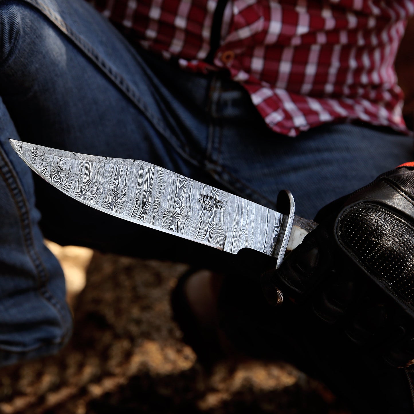 Wildfire Damascus Bowie Knife with Stag Horn Handle