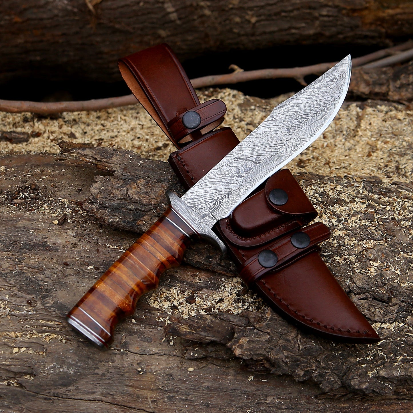 Brute Damascus Steel Bowie Knife with Stacked Leather Handle
