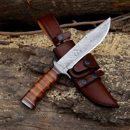 Brute Damascus Steel Bowie Knife with Stacked Leather Handle