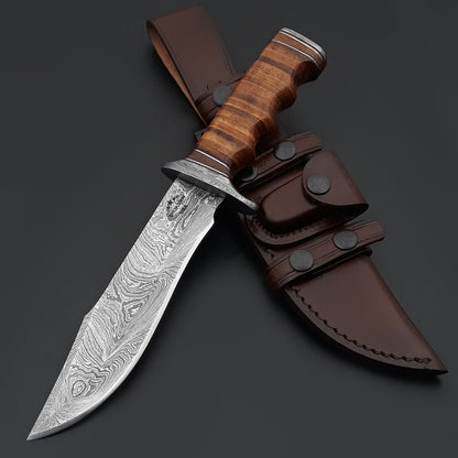 Brute Damascus Steel Bowie Knife with Stacked Leather Handle