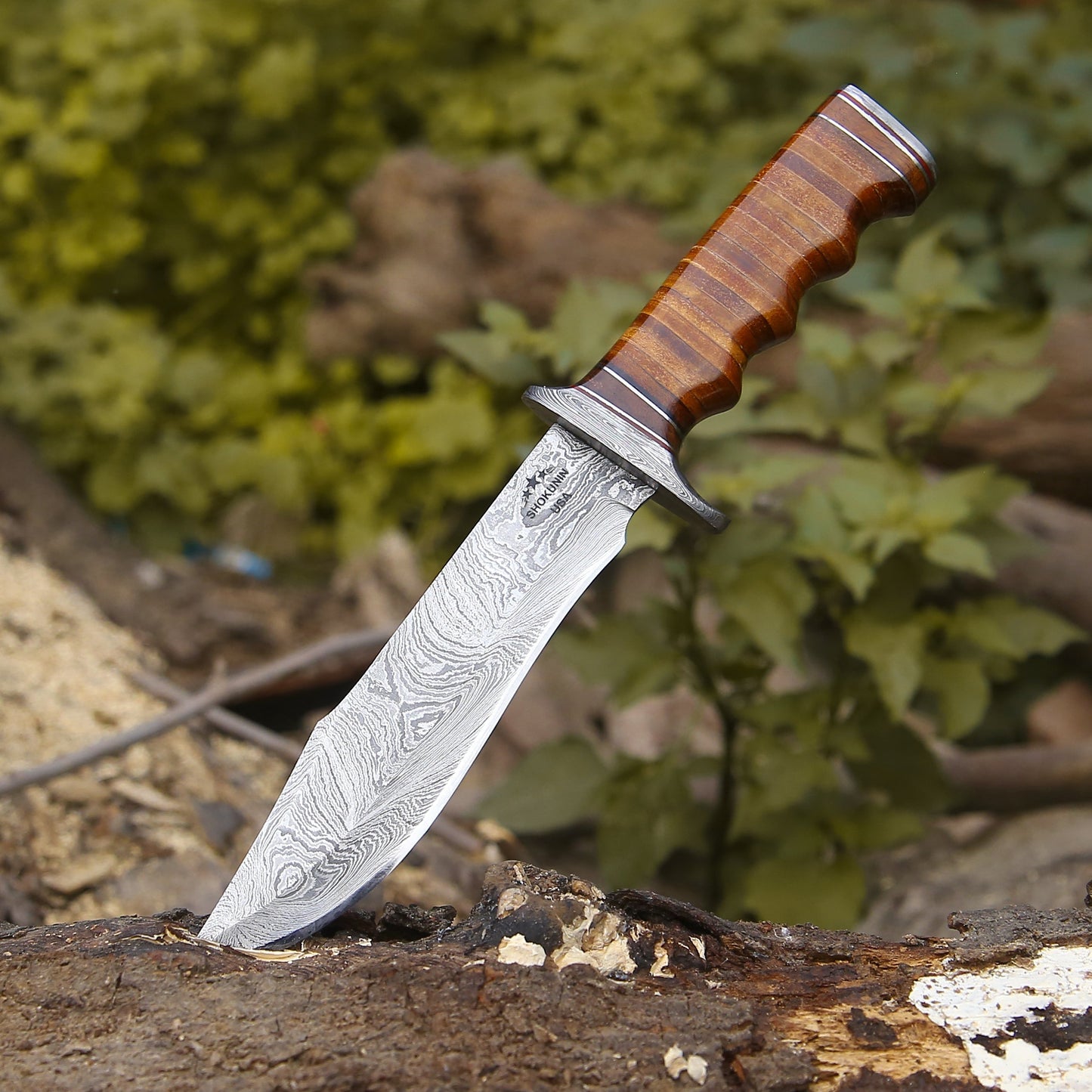 Brute Damascus Steel Bowie Knife with Stacked Leather Handle