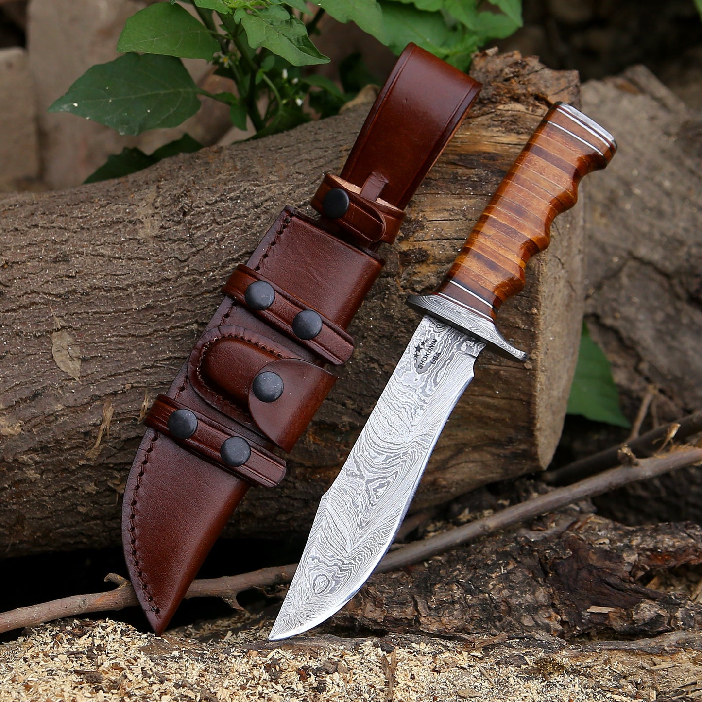 Brute Damascus Steel Bowie Knife with Stacked Leather Handle