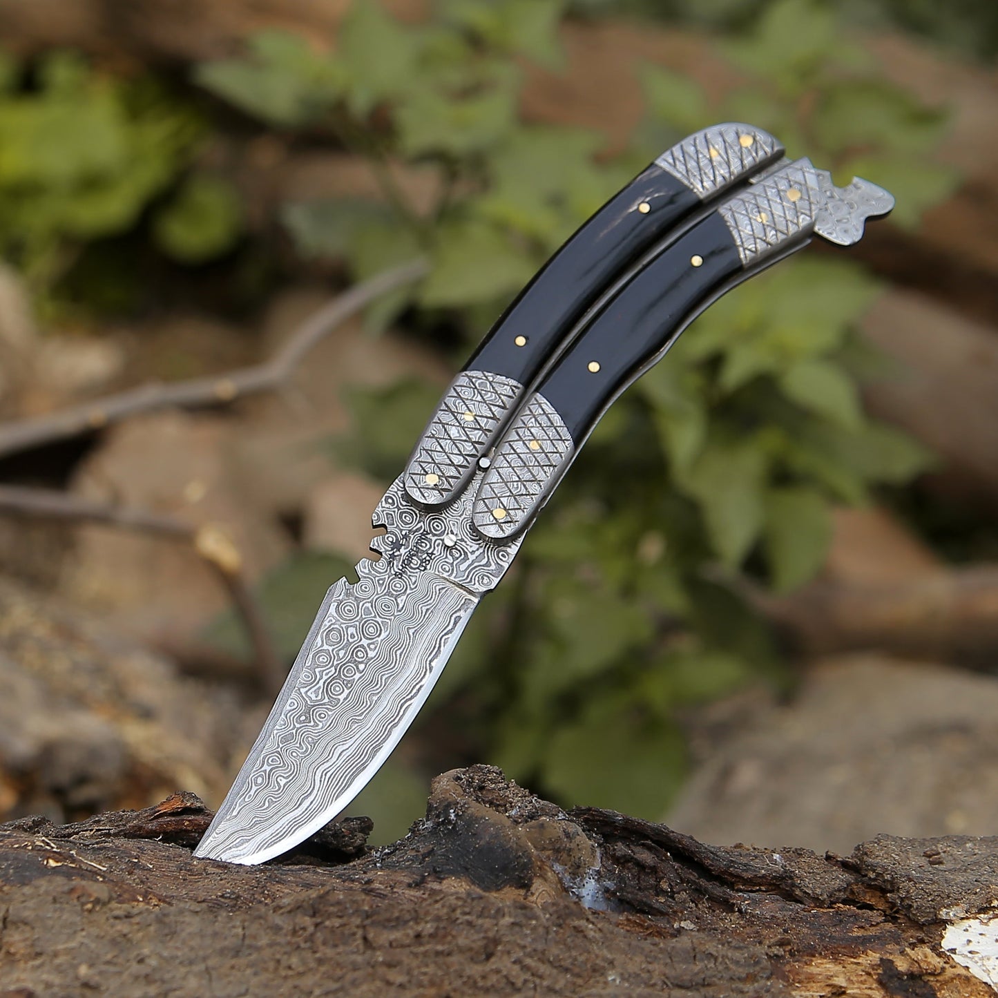 Lunar Damascus Butterfly Knife with Bull Horn Handle