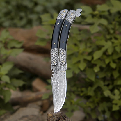 Lunar Damascus Butterfly Knife with Bull Horn Handle