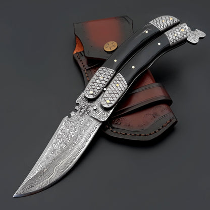 Lunar Damascus Butterfly Knife with Bull Horn Handle