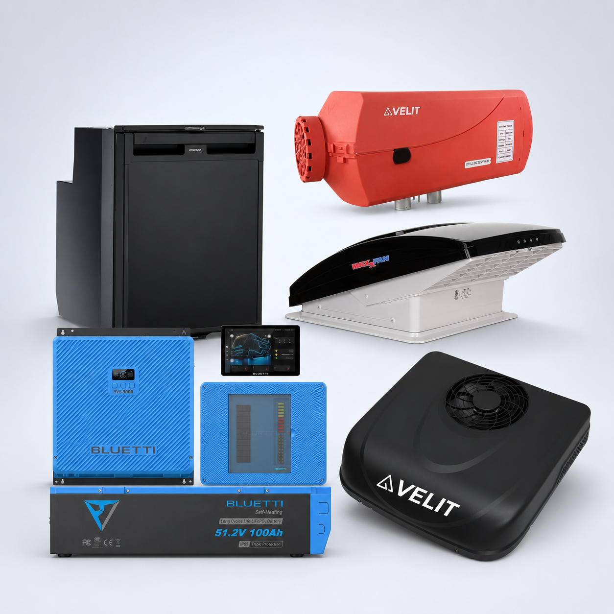 BLUETTI 5kWh RVSolar 48V Power System + VELIT 2000R 48V A/C + VELIT Air Heater + Dometic CRX 80U + Vent Fan