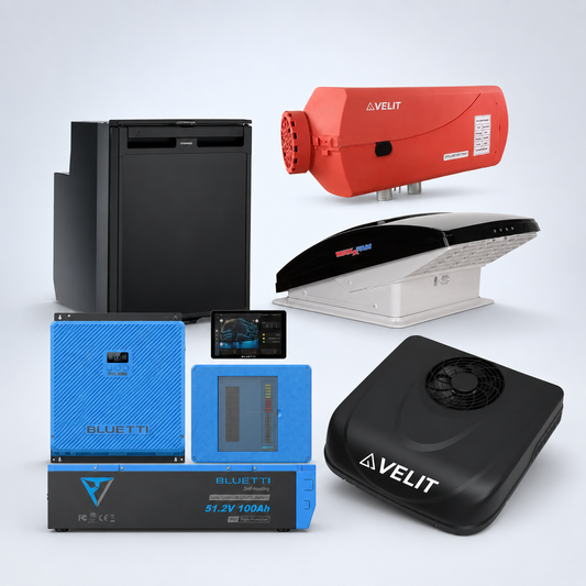BLUETTI 5kWh RVSolar 48V Power System + VELIT 2000R 48V A/C + VELIT Air Heater + Dometic CRX 80U + Vent Fan
