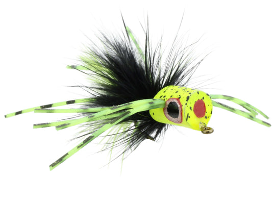 Flat Face Mini Panfish Popper, Size 8 | Green and Yellow Spider Legs | Qty. 4 | Wild Water Fly Fishing