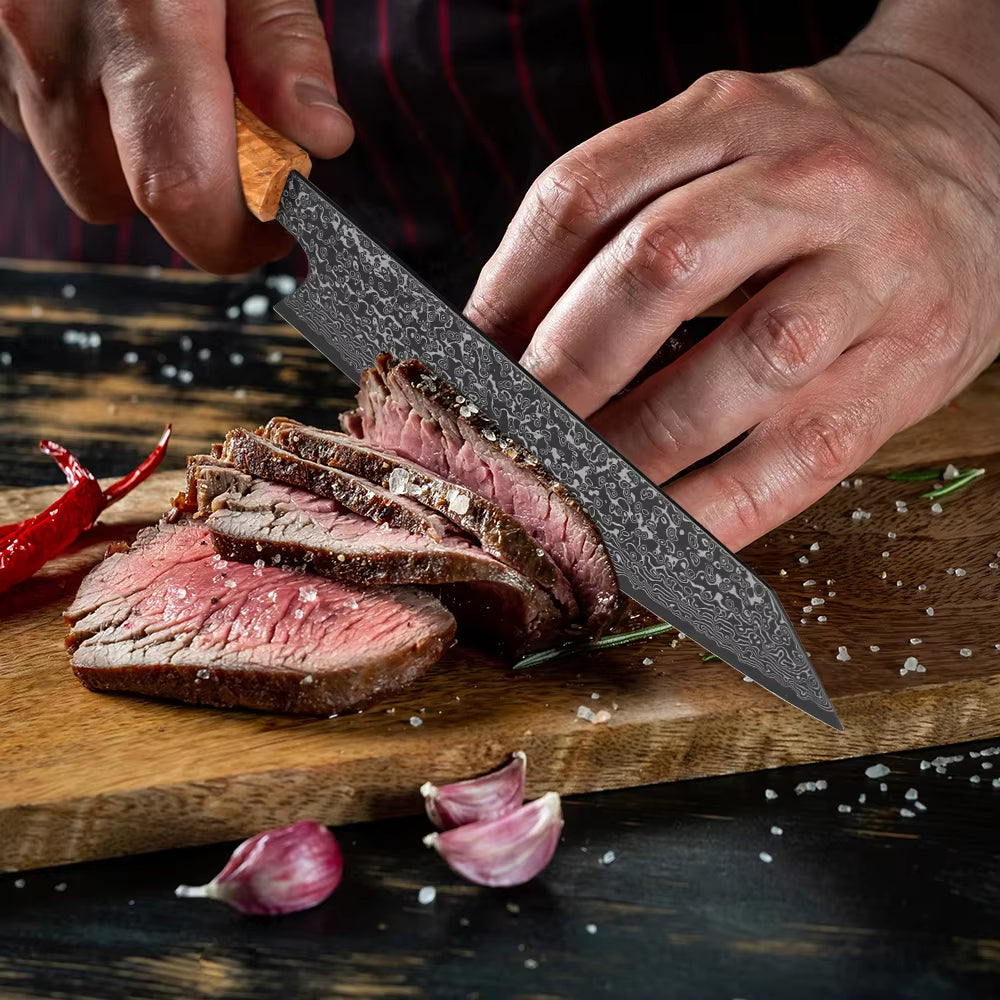 Serene Chef Knife with Exotic Olive Wood Burl & Resin Handle