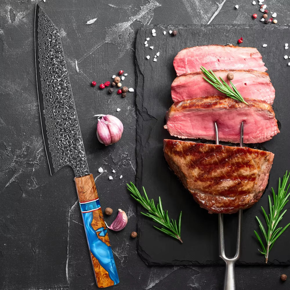 Serene Chef Knife with Exotic Olive Wood Burl & Resin Handle