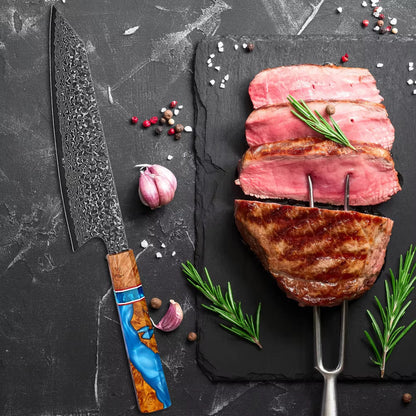 Serene Chef Knife with Exotic Olive Wood Burl & Resin Handle