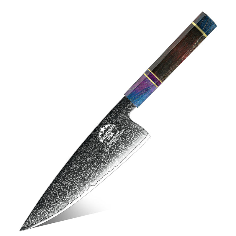 Solstice Japanese Damascus Chef Knife with Exotic Maple Burl Wood Handle