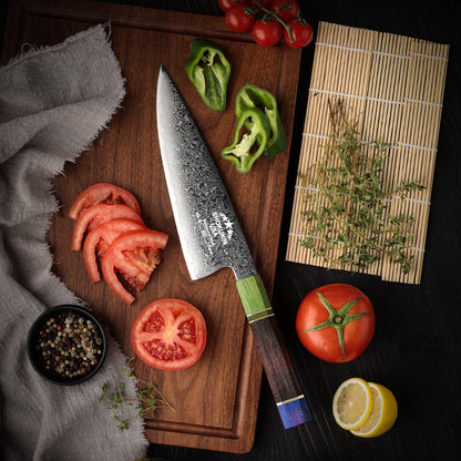 Solstice Japanese Damascus Chef Knife with Exotic Maple Burl Wood Handle