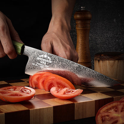 Solstice Japanese Damascus Chef Knife with Exotic Maple Burl Wood Handle