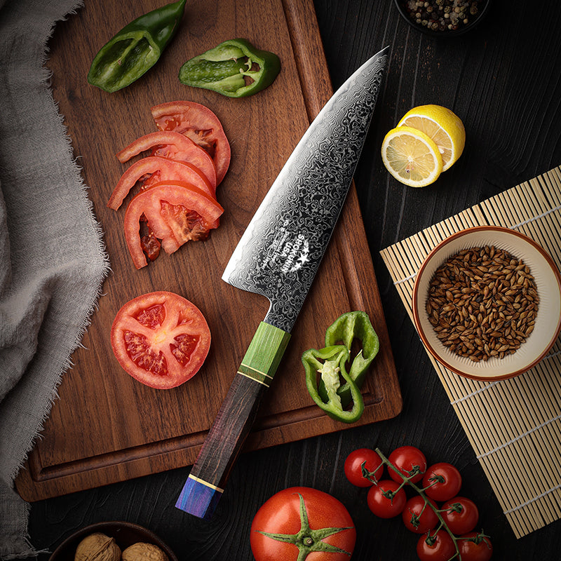 Solstice Japanese Damascus Chef Knife with Exotic Maple Burl Wood Handle