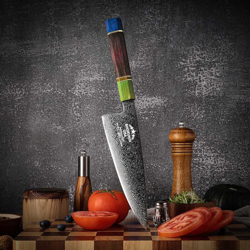 Solstice Japanese Damascus Chef Knife with Exotic Maple Burl Wood Handle