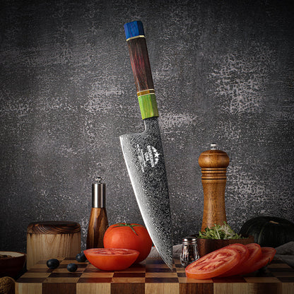 Solstice Japanese Damascus Chef Knife with Exotic Maple Burl Wood Handle