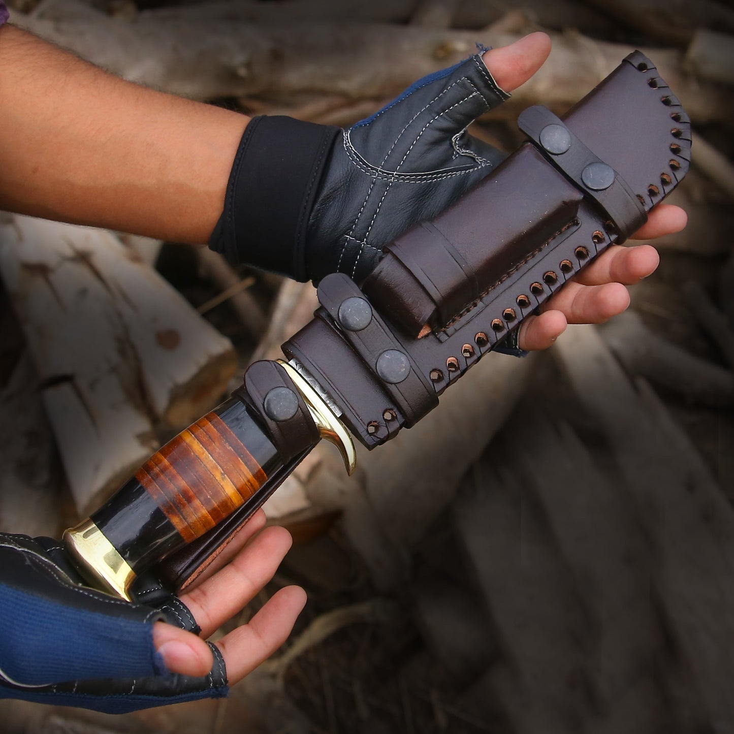 Darkstar Custom Bowie Knife with Bull Horn & Stacked Leather Composite Handle