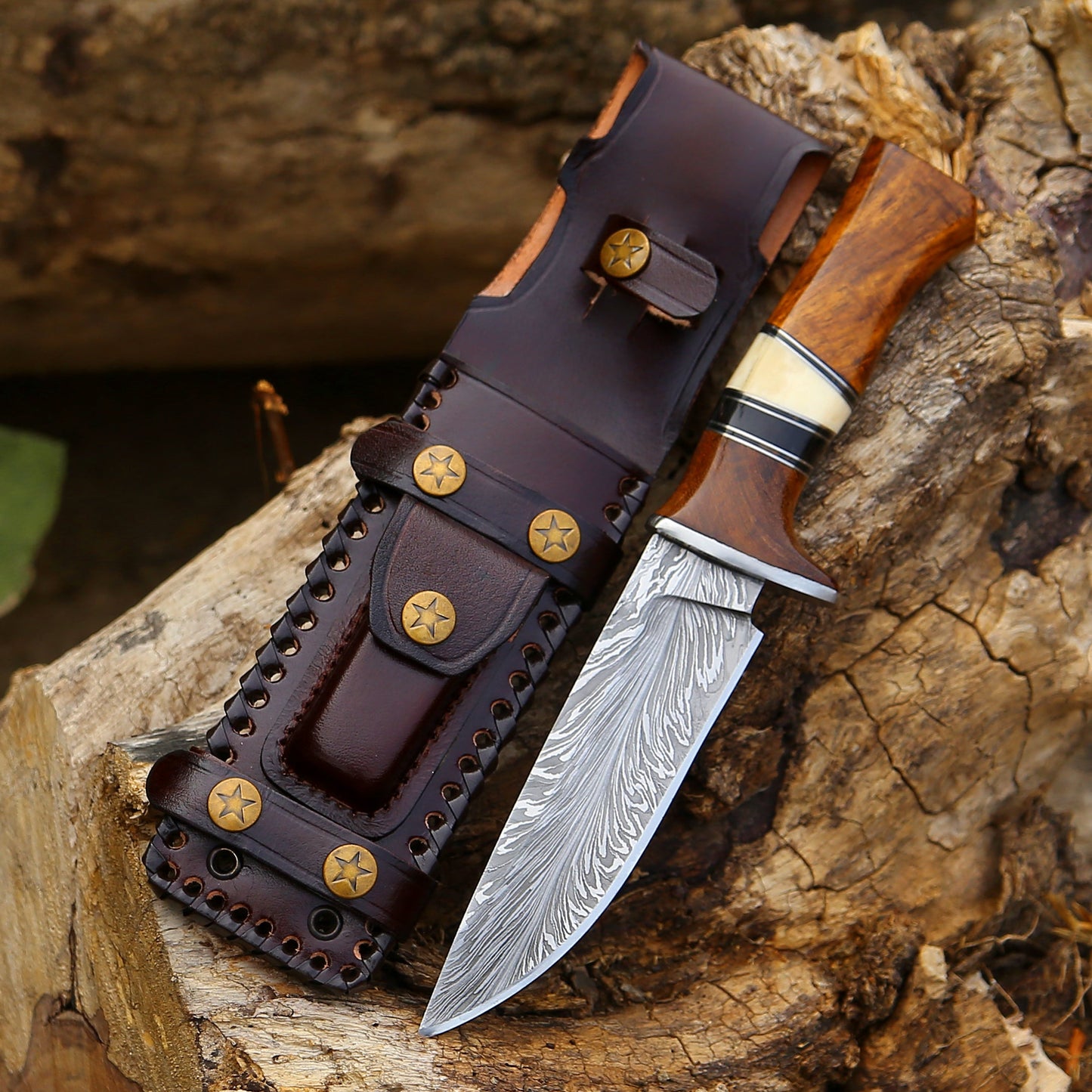 Annihilator Custom Feather Damascus Hunting Knife with Exotic Rose Wood Handle