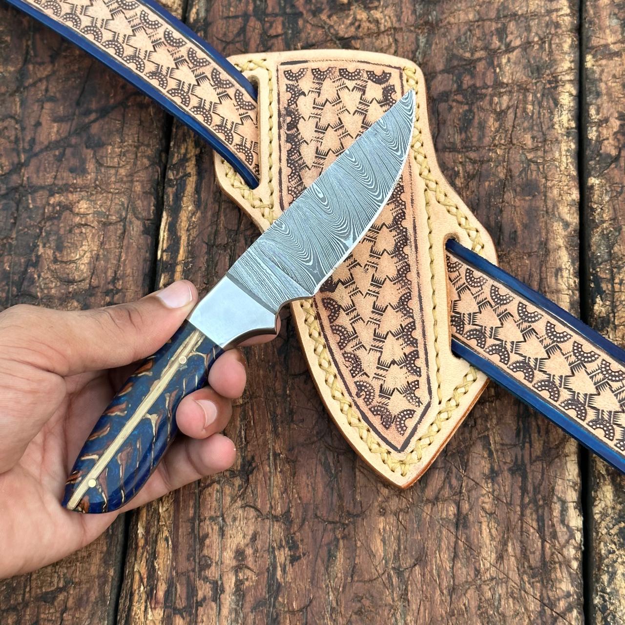 Rio Grande Damascus Skinner Knife with Handtooled Sheath & Belt