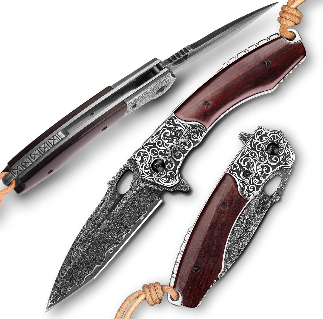 Starchaser Japanese Damascus Pocket Knife with Exotic Sandal Wood Handle