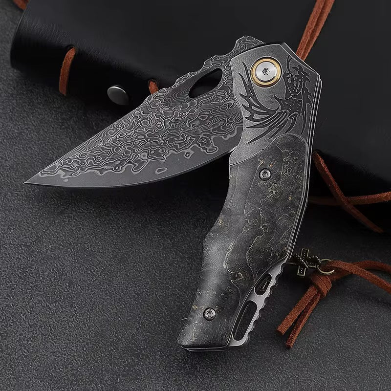 Galaxy Japanese Damascus Folding Pocket Knife with Maple Burl Wood Handle