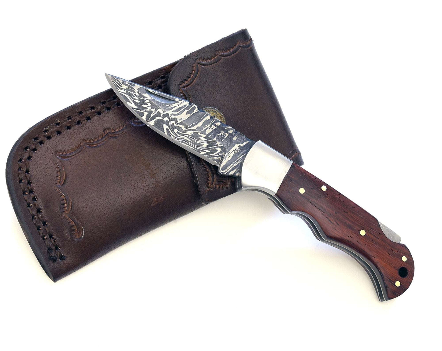Excalibur Damascus Pocket Knife with Exotic Red Heart Wood Handle