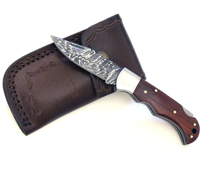 Excalibur Damascus Pocket Knife with Exotic Red Heart Wood Handle