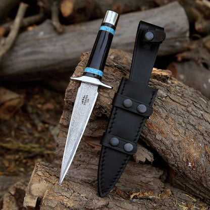 Oasis Damascus Hunting Fixed Blade Knife with Turquoise and Bull Horn Handle