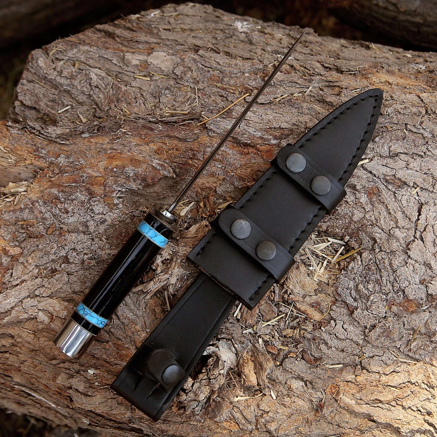 Oasis Damascus Hunting Fixed Blade Knife with Turquoise and Bull Horn Handle