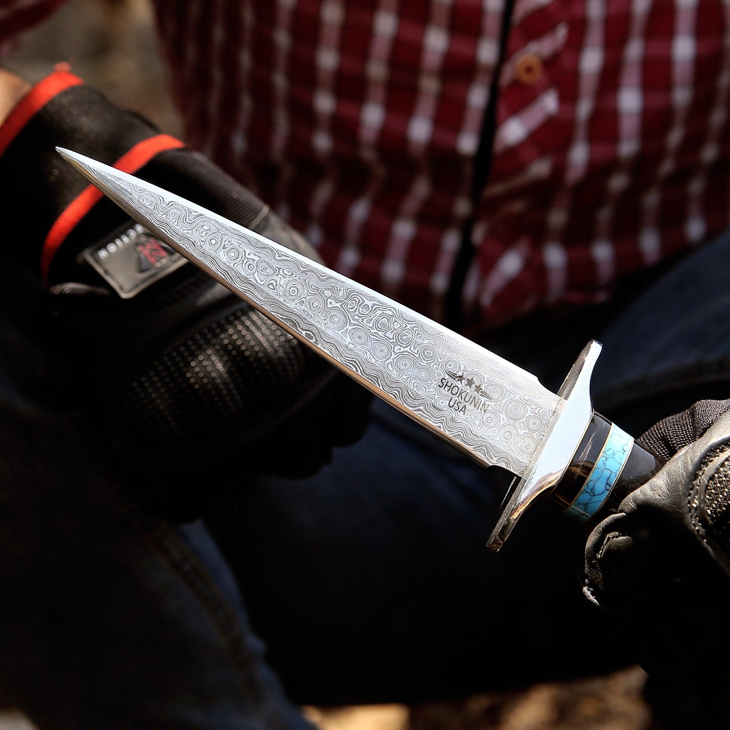 Oasis Damascus Hunting Fixed Blade Knife with Turquoise and Bull Horn Handle