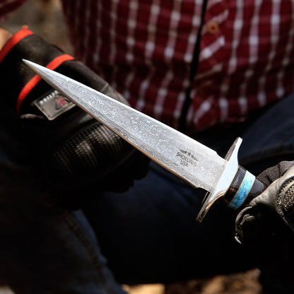 Oasis Damascus Hunting Fixed Blade Knife with Turquoise and Bull Horn Handle