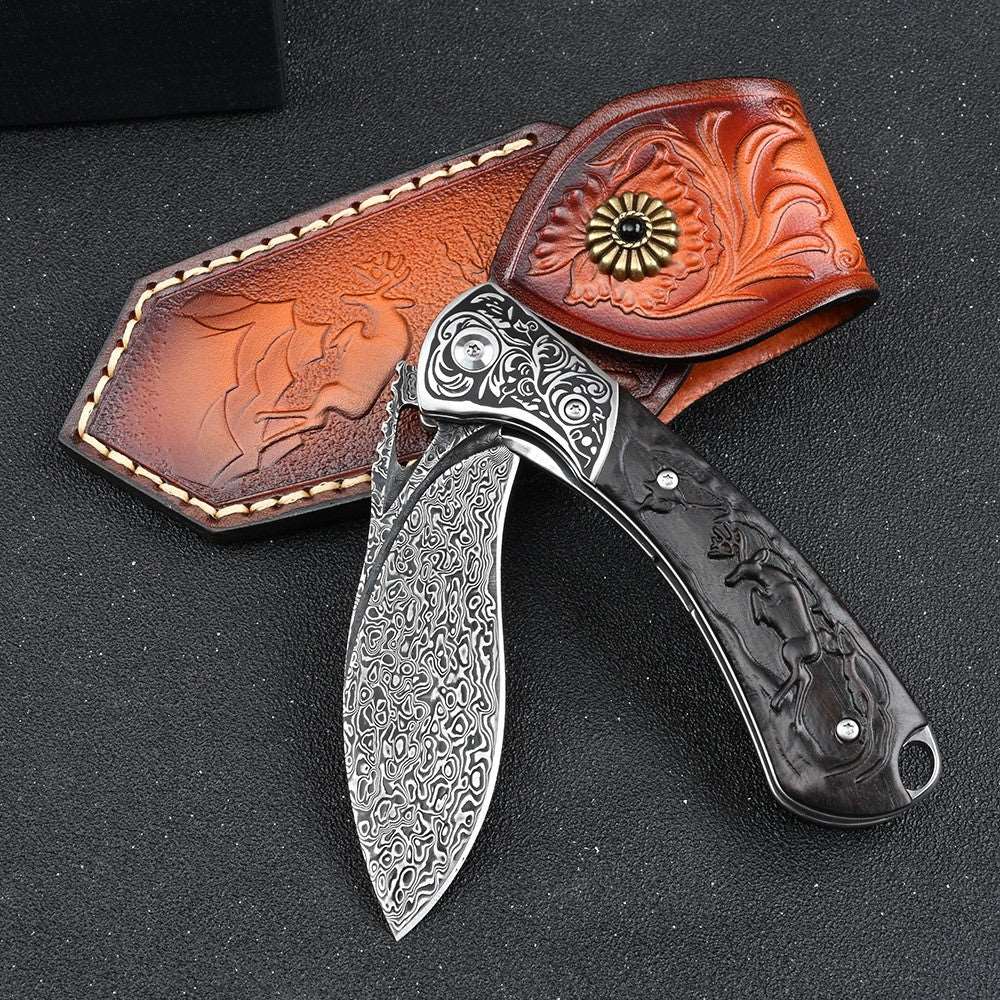 Athena VG10 Handmade Damascus Pocket Knife with Clip & Exotic Ebony Wood Handle