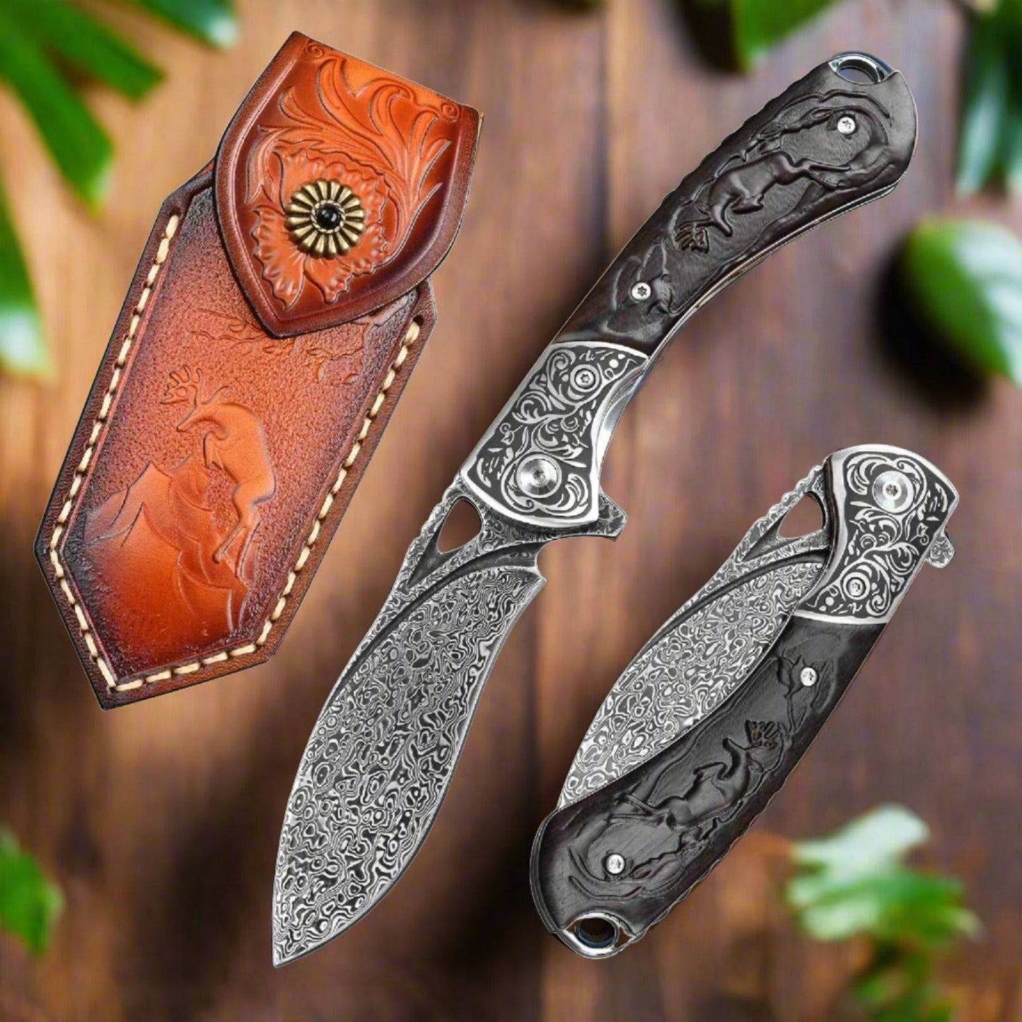 Athena VG10 Handmade Damascus Pocket Knife with Clip & Exotic Ebony Wood Handle