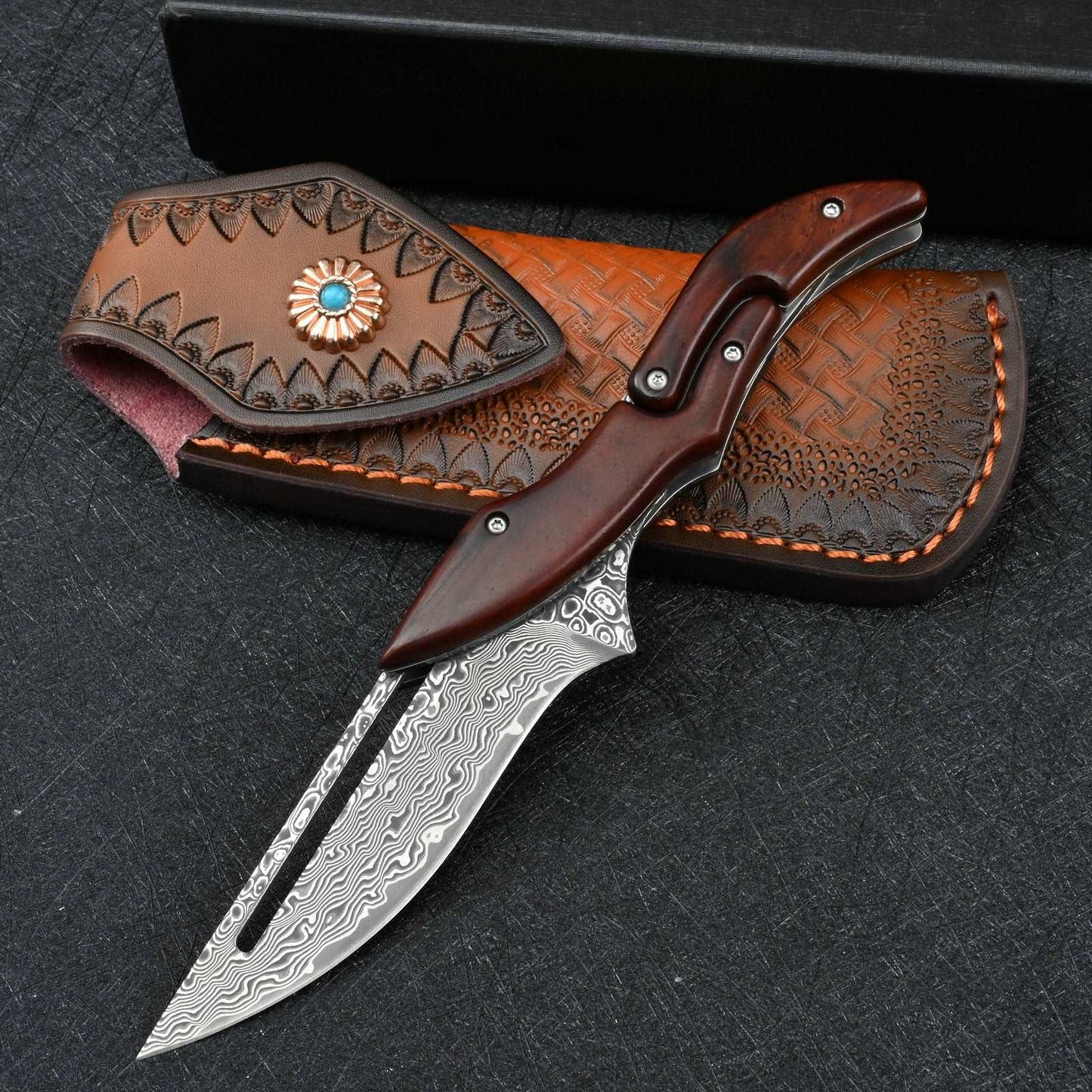 Hera Japanese VG10 Slider Damascus Pocket Knife with Exotic Red Sandal Wood Handle