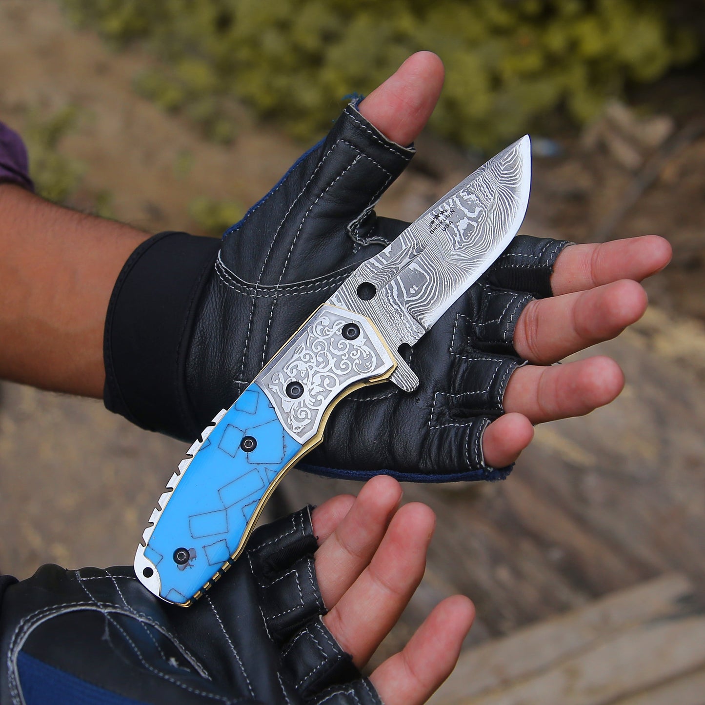 Reckoner Damascus Folding Knife with Turquoise Resin Handle