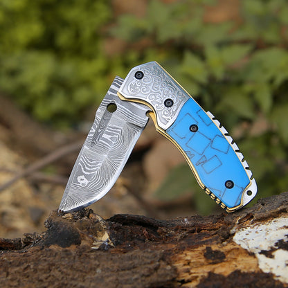 Reckoner Damascus Folding Knife with Turquoise Resin Handle
