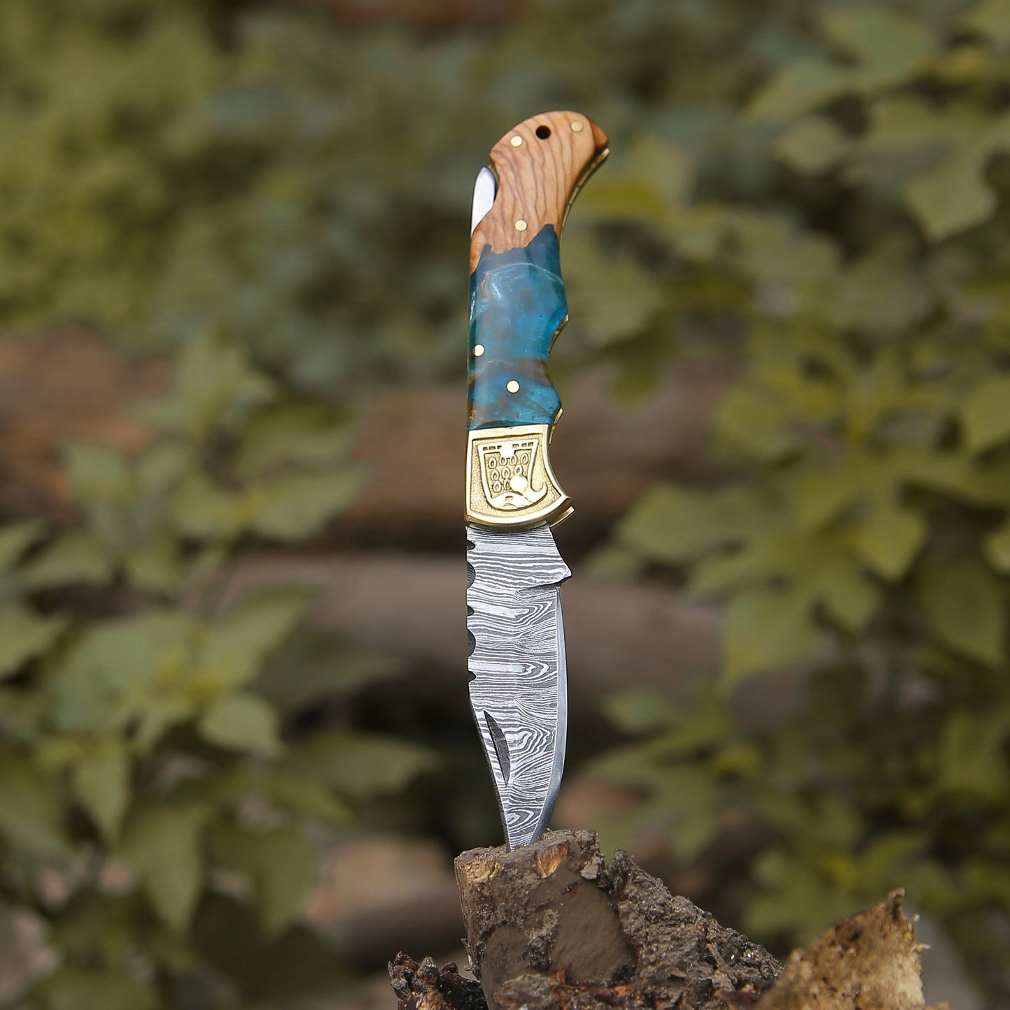 Perseus Damascus Pocket Knife with Exotic Olive Wood & Resin Handle