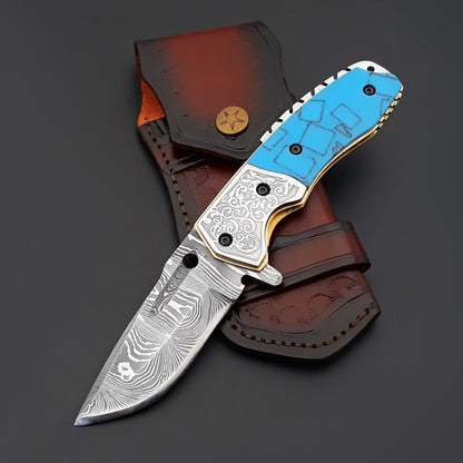 Reckoner Damascus Folding Knife with Turquoise Resin Handle