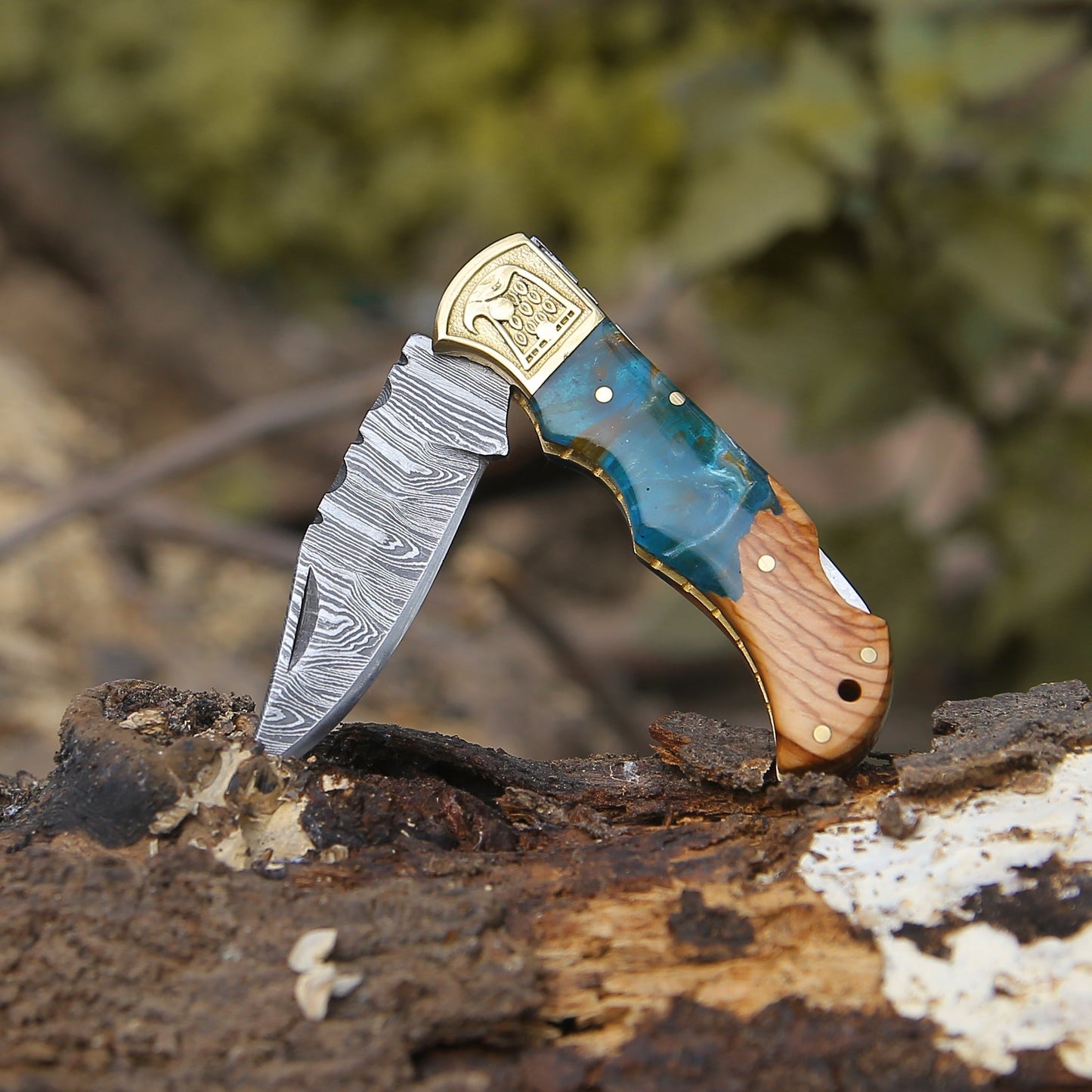 Perseus Damascus Pocket Knife with Exotic Olive Wood & Resin Handle