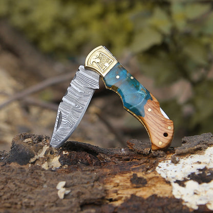 Perseus Damascus Pocket Knife with Exotic Olive Wood & Resin Handle