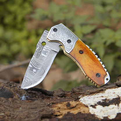 Reckoner Damascus Pocket Knife with Charred Bone Handle