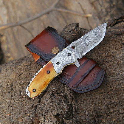 Reckoner Damascus Pocket Knife with Charred Bone Handle