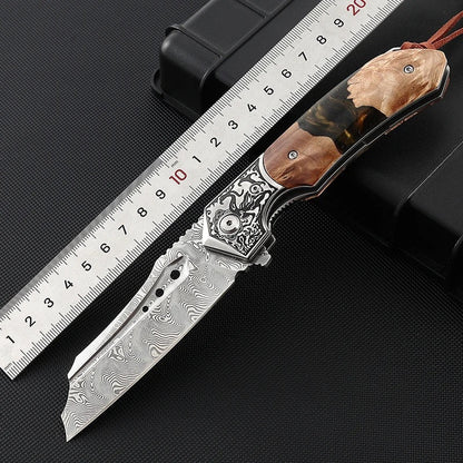 Volver Damascus Pocket Knife with Exotic Olive Burl Wood & Resin Handle