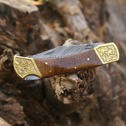 Goldshadow Handmade Damascus EDC Folding Pocket Knife with Leather Sheath & Micarta Handle
